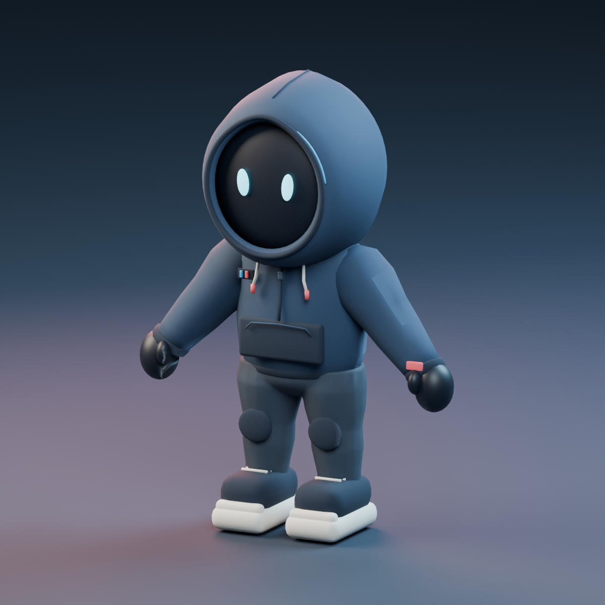 HACU character concept: a small hooded figure with glowing cyan eyes and red accents